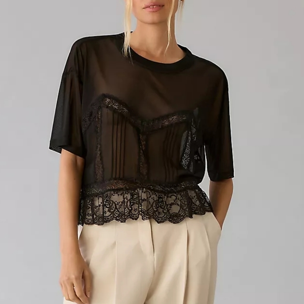 Anthropologie Dolan Short-Sleeve Sheer Lace Top Black XL Whimsigoth